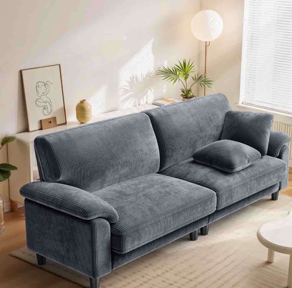 83" Corduroy Sofa,Loveseat Sofa with Extra Deep Seat Couches ,Comfy Upholstered Couch for Living Room,Tool-Free Setup with 2 Pillows,Gray