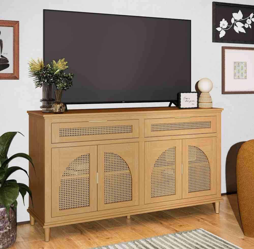 Beautiful Drew Rattan Media Console with Teched Away Drawer by Drew Barrymore, Warm Honey Finish