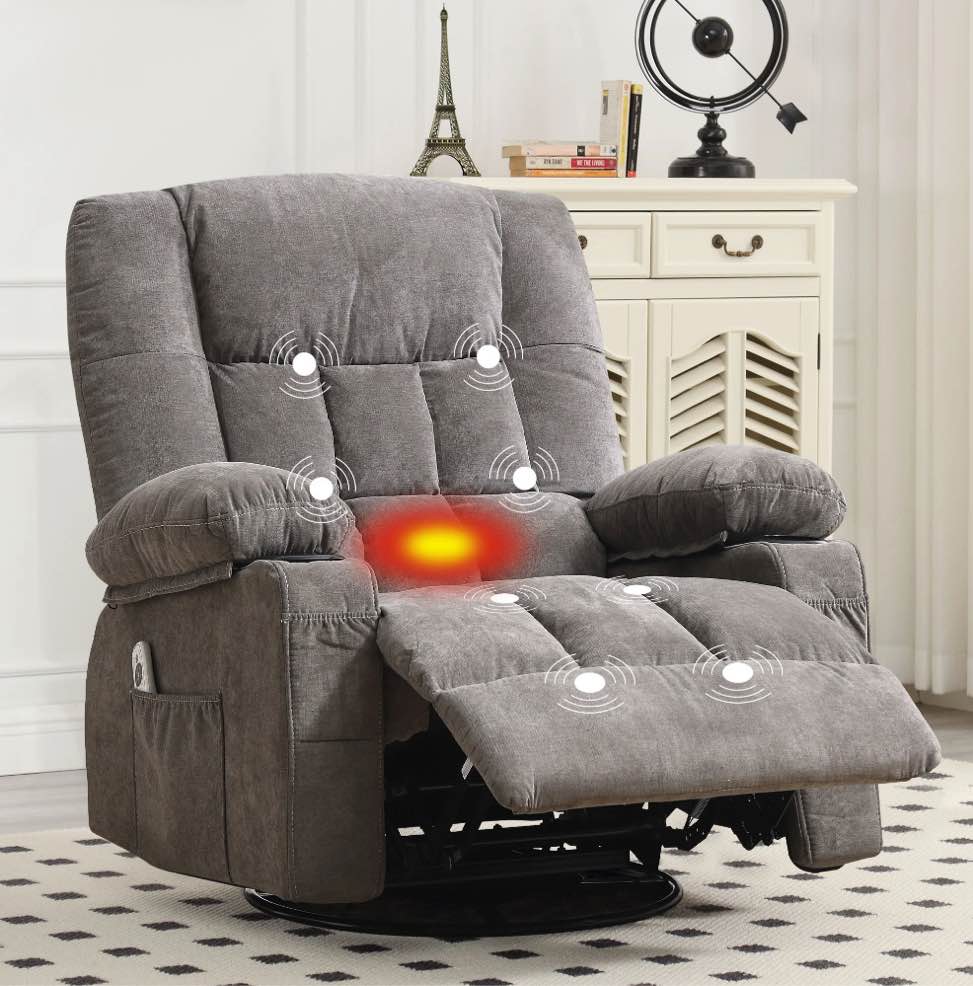 JONPONY Massage Swivel Rocker Recliner Chair with Vibration Massage and Heat Ergonomic Lounge Chair for Living Room with Rocking Function and Side Pocket, 2 Cup Holders, USB Charge Port,Grey