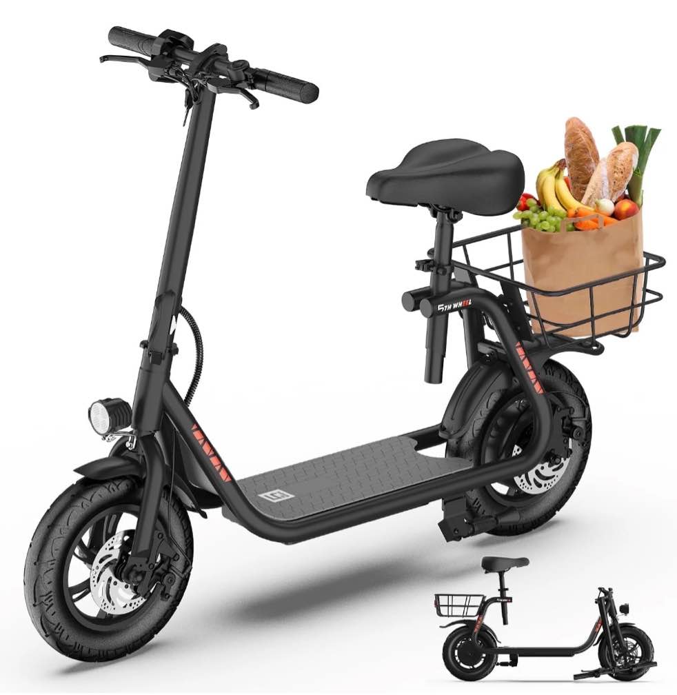 5TH WHEEL W18S 450W Motor Electric Scooter for Adults with Seat and Carry Basket, 36V 20Miles Range & 15.5Mph, 12" Foldable E Scooter for Commuting