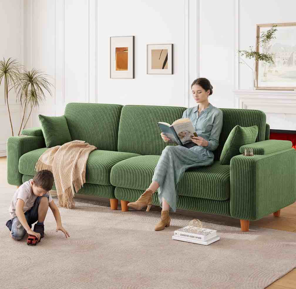 101" Sofa Couch for Living Room,24" Extra Deep Seat Corduroy Sofa,Wide Storage Armchair,Comfy Upholstered Oversized Loveseat with Cup Holder,2 Pillows,Green
