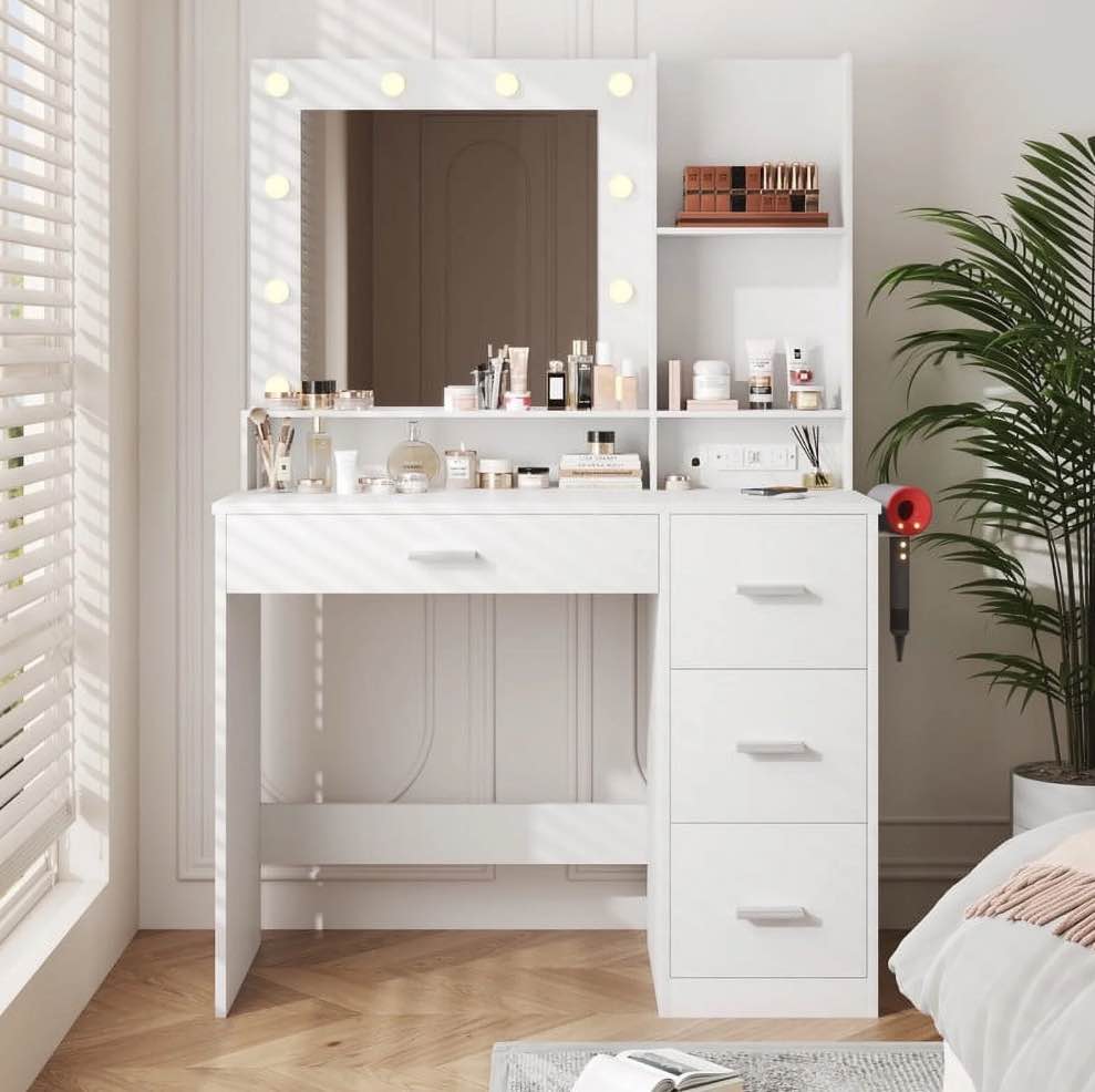 Furmax Vanity Desk with Lights and Mirror Makeup Vanity Table Set with Drawer and Power Outlet, White