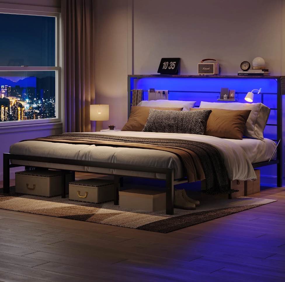 Bestier King Size Bed Frame with 49.2" High LED Storage Headboard Shelf, Metal Platform Bed, Black