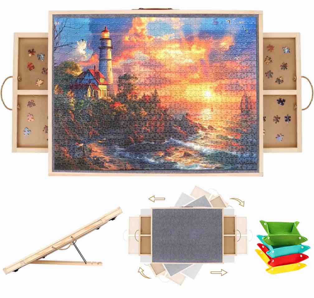 1500 Piece Puzzle Board with 4 Sliding Drawers and Felt Cover, 2 in 1 Rotating Tilting Puzzle Board, 35 X 27 Wood Puzzle Tray for Adults and Kids, Lazy Spinning Puzzle Gift