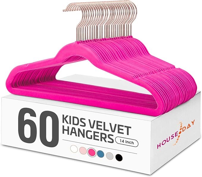 HOUSE DAY Velvet Kids Hangers 60 Pack, Premium Childrens Hangers for Closet, Ultra Thin Cute Clothes Hanger, Non Slip Small Felt Hanger 14 Inch for Kids Clothes, Hot Pink