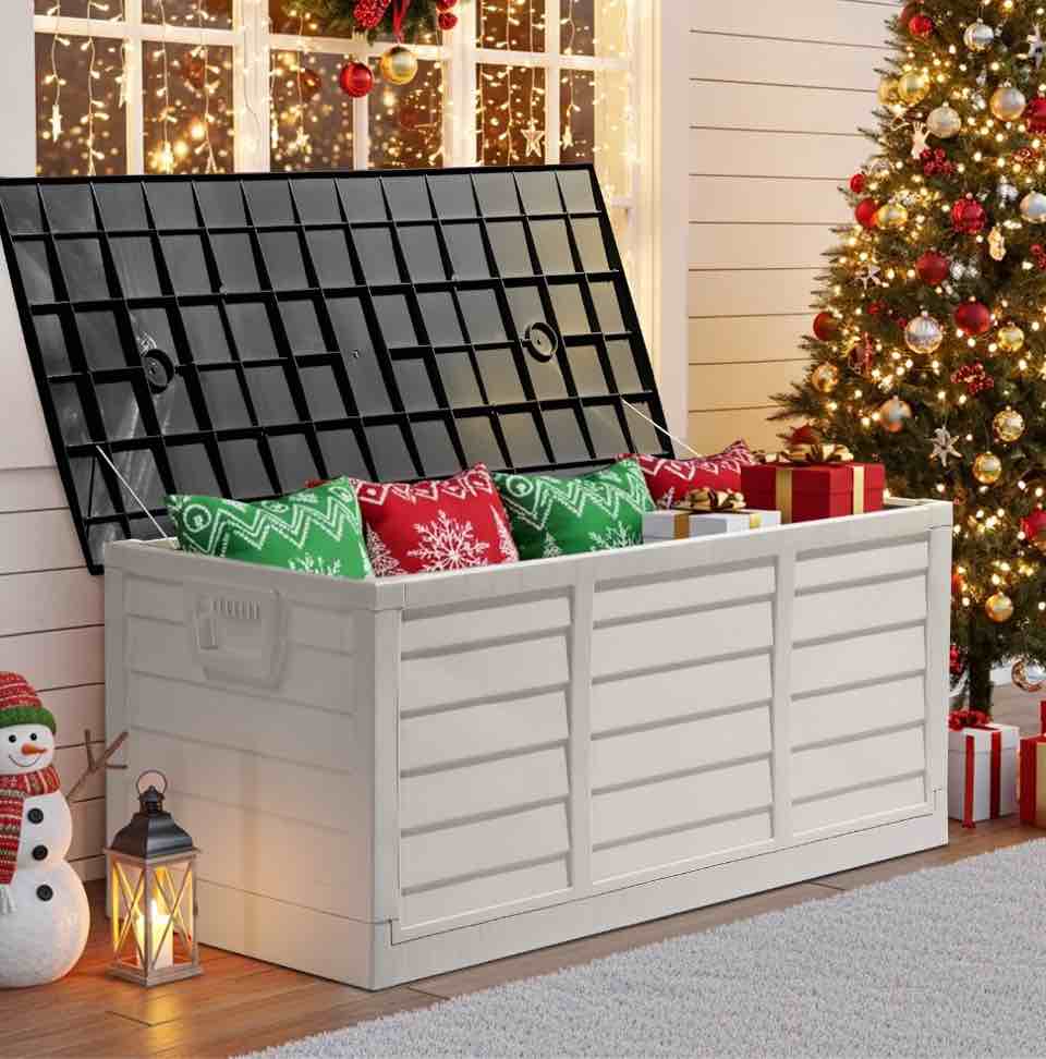 Ktaxon 75gal Outdoor Garden Plastic Storage Deck Box Pre-installed Deck Box,Space Saving & Easy Set Up - White