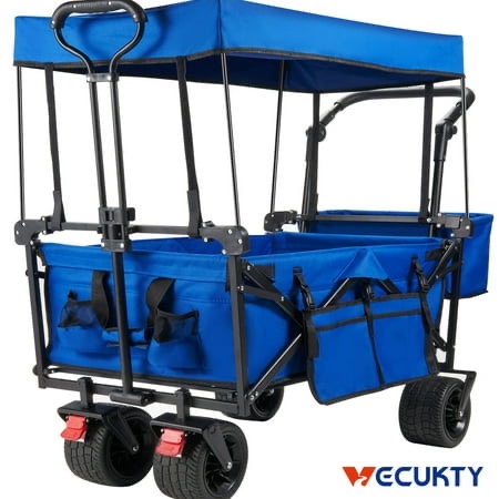 VECUKTY Collapsible Garden Wagon Cart with Removable Canopy Blue