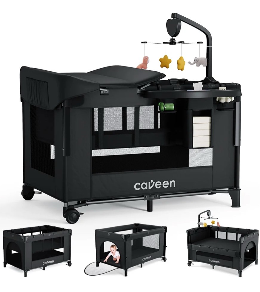 Baby Bassinet, Caveen 5 in 1 Baby Playard with Bassinet, Portable Bedside Sleeper Baby Crib, with Removable Changing Station & Storage Organizer, Black