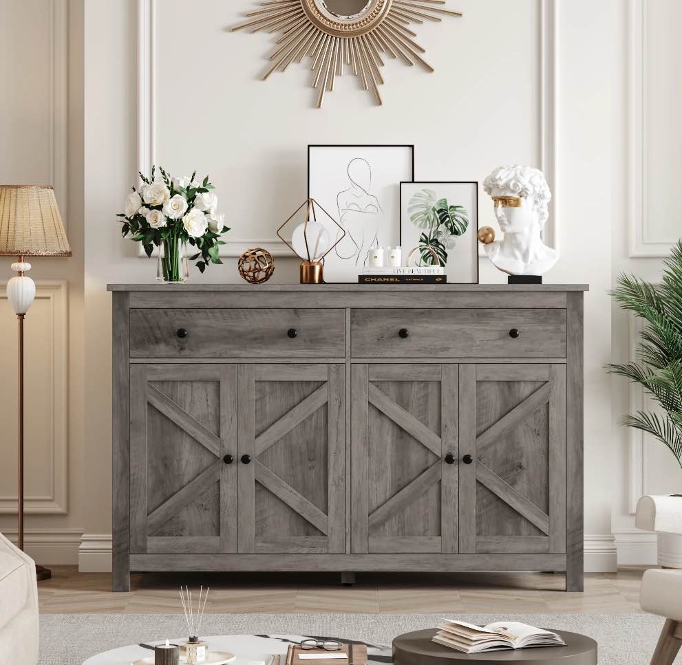 Homfa 55'' Kitchen Sideboard Buffet Cabinet, 4-Doors 2-Drawers Farmhouse Storage Cabinet with Adjustable Shelves, Gray