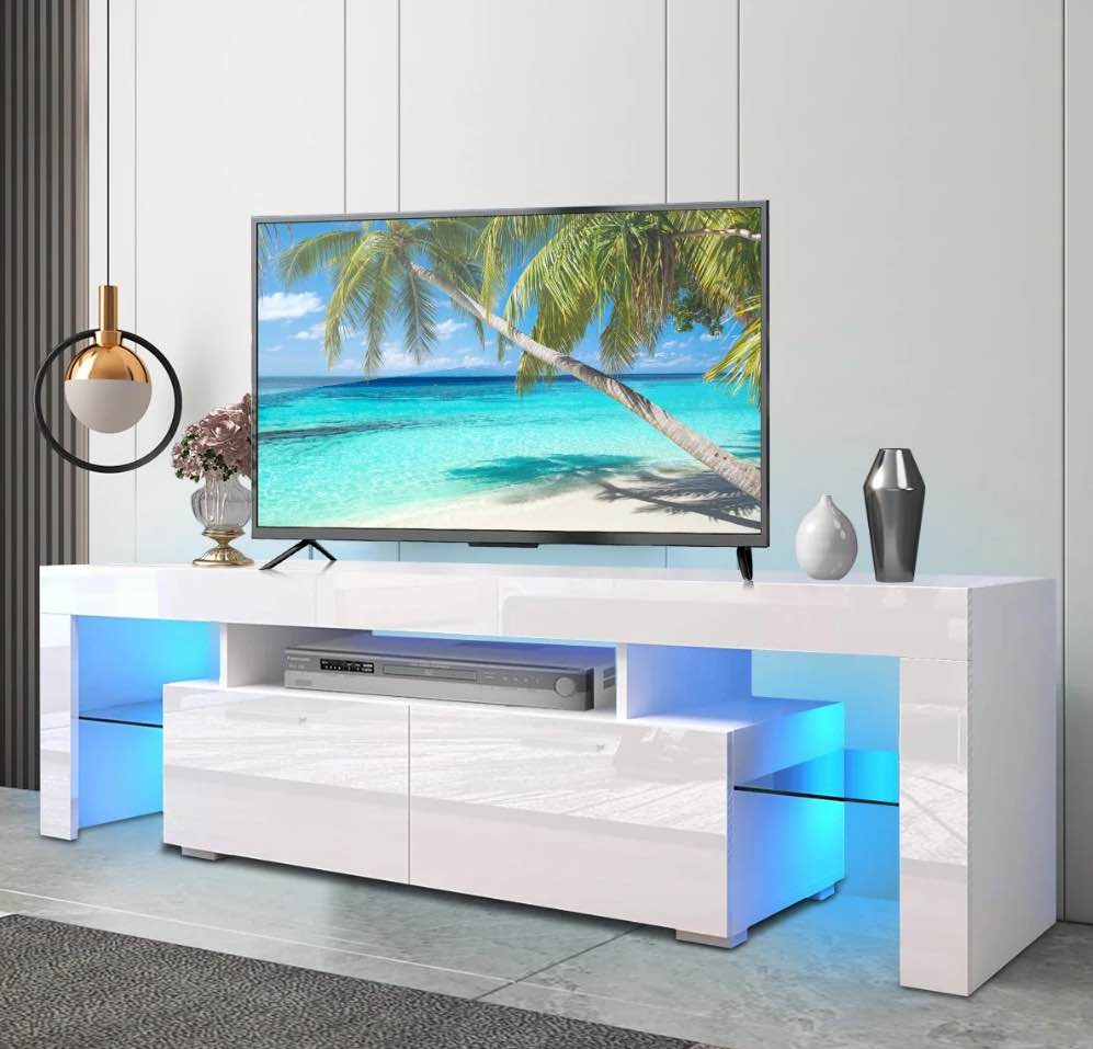 PAPROOS TV Stand for TVs up to 70", High Gloss TV Cabinet with LED Light, Modern TV Console Table with Storage Drawers, Media Television Stand Entertainment Center, White