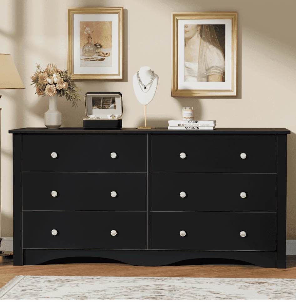 Lumihaven Rustic Modern Chest of 6 Drawers,Extra Wide Double Dresser for Master Bedroom or Nursery Storage,Black