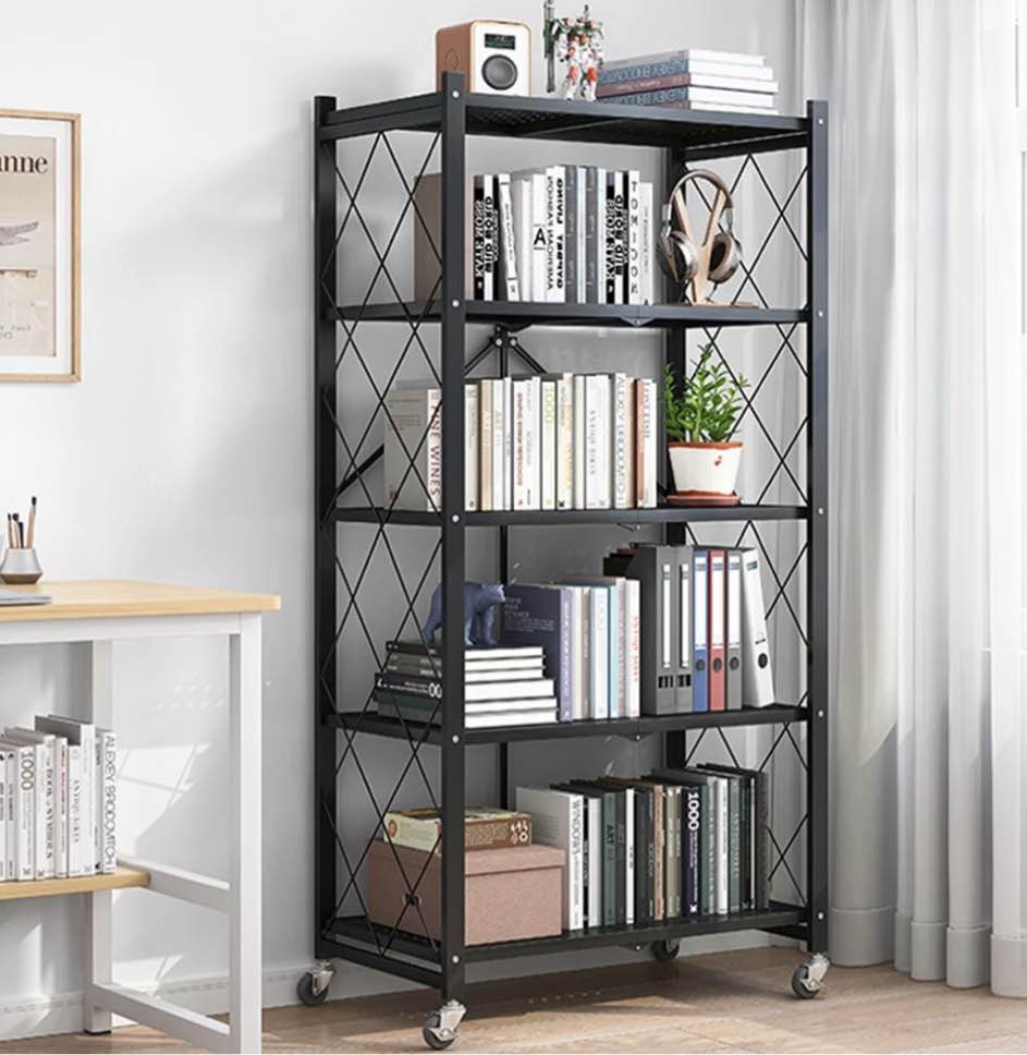 COOKCOK 5-Tier Storage Shelving Unit  Metal Shelf 27.9 x13.4 x62.5  Foldable Storage Shelf with Wheels  Garage Shelf  Metal Storage Rack  Kitchen Shelf with 4 Hooks  No Assemble Require