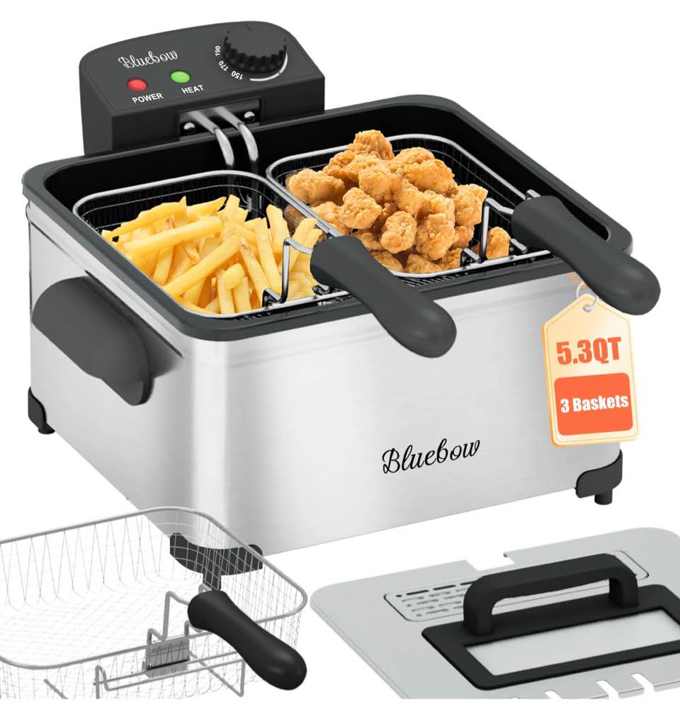 Bluebow Electric 5.3QT Deep Fryer, 1700W Immersion Fryer with 3-Baskets, Adjustable Temperature, Lid with Viewing Window, Stainless Steel