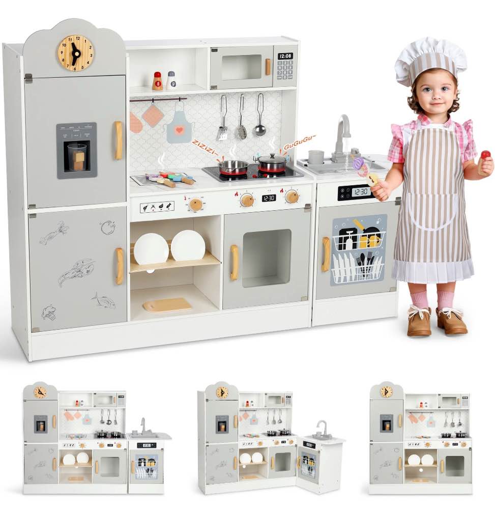 Wisairt Pretend Play Kitchen Set, 51.2in Wooden Kitchen for Kids w/ Chef's Costume Stove Sink Ice Maker Oven Microwave, Realistic Lights Sounds, Grey