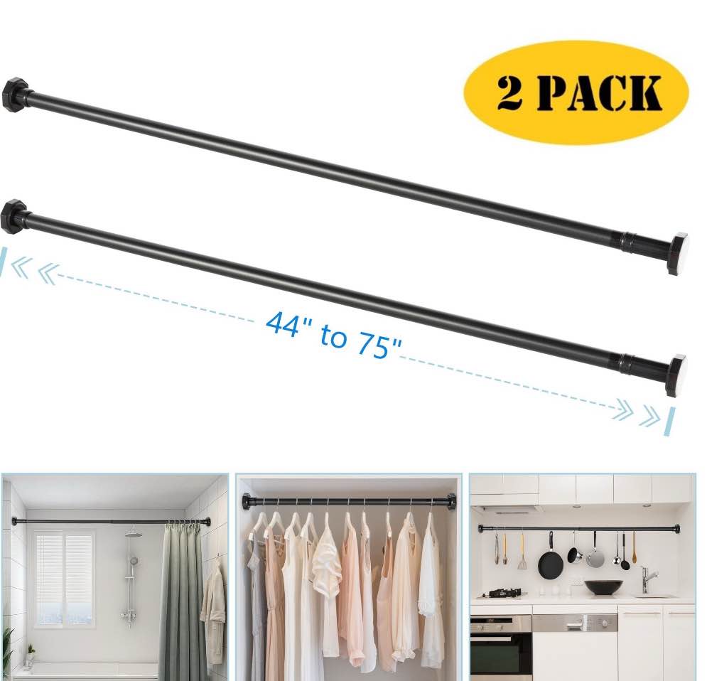 BEAMNOVA 44"-75" Adjustable Tension Curtain Rod, No Drilling Telescopic Tension Rods for Wardrobe Closet Windows Shower Curtains, Black (2 Pack)
