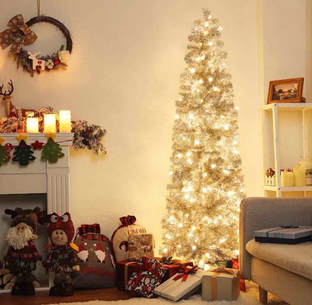 VigorPro Pre-lit Pencil Christmas Tree 6ft Artificial Xmas Tree with 200 Warm White LED Lights with Metal Stand