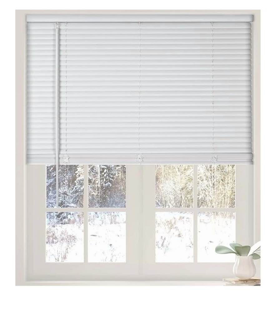 Calyx Interiors Cordless White 1” Light Filtering Mini Blinds 35"W x 60"H Window Blinds for Home, Vinyl horizontal blinds for indoor windows