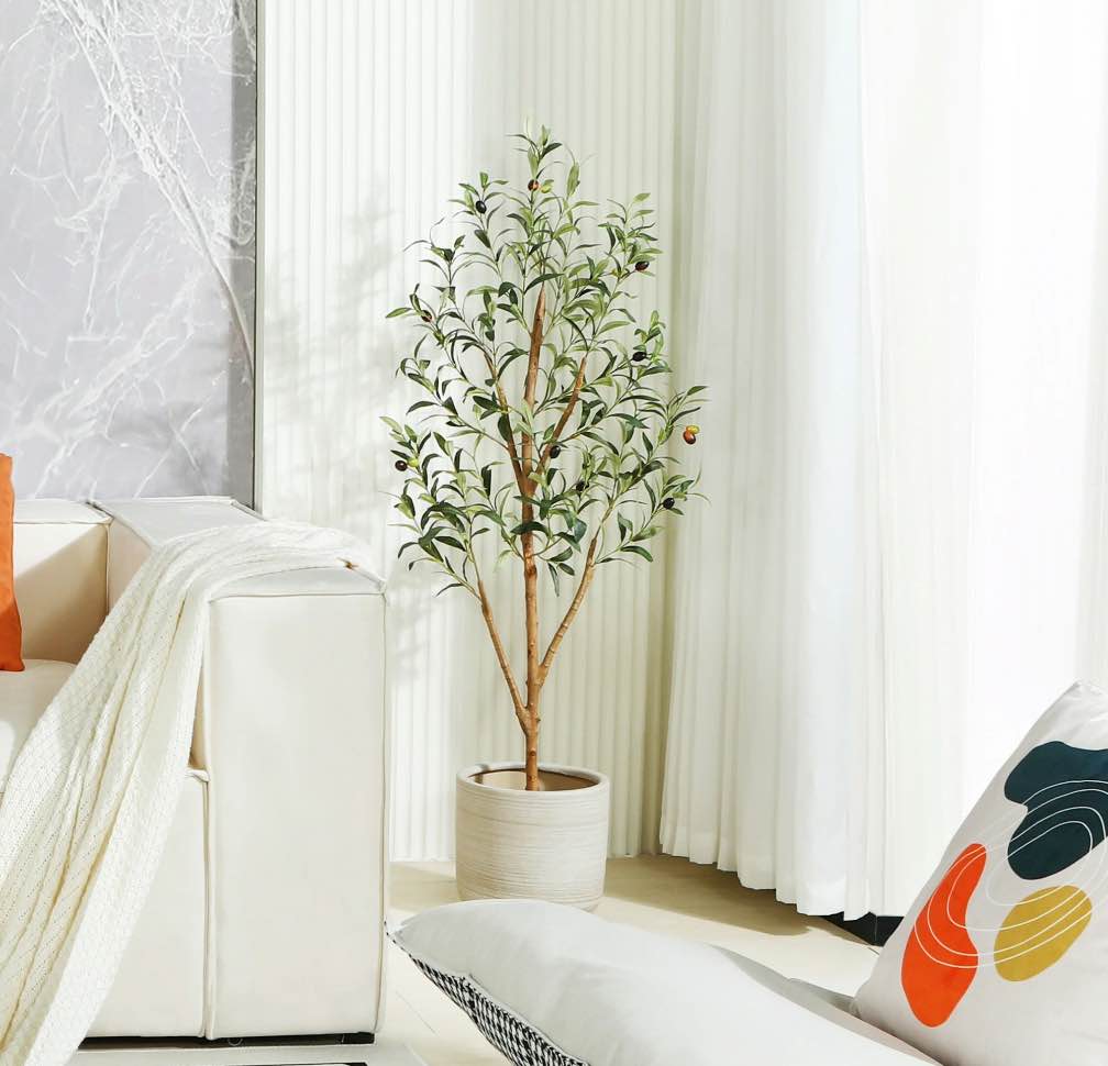 4 ft Artificial Olive Plants with Realistic Leaves and Natural Trunk, Silk Fake Olive Tree in Black Plastic Pot, Faux Olive Tree for Office Home