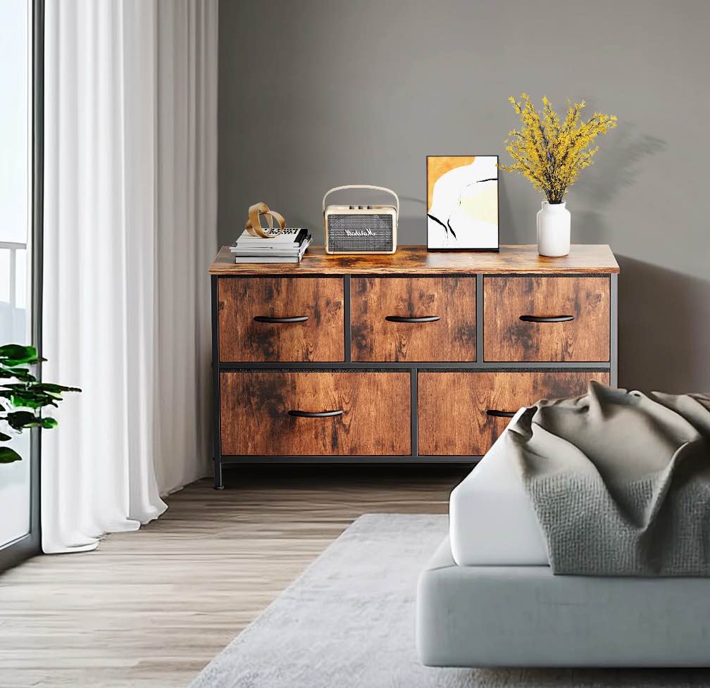EDX 5 Drawer Dresser, Wide Chest of Drawers Nightstand Storage Tower Storage Fabric Dresser with Wood Top for Living Room, Bedroom, Hallway, Rustic Brown