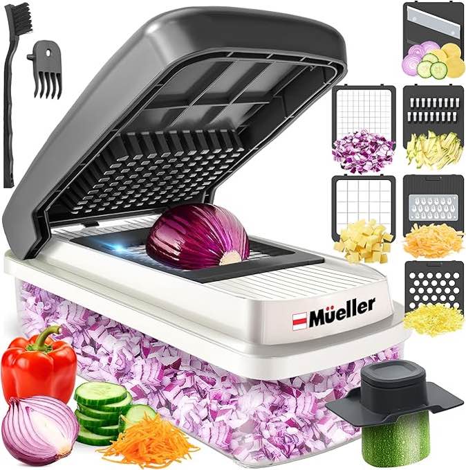 Mueller Vegetable Chopper 9 Blade, Mandoline Slicer, Food Veggie Chopper, Cheese Grater, Onion Vegetable Cutter with Container, Dicer, Kitchen Gadgets & Essentials, White Sand/Green