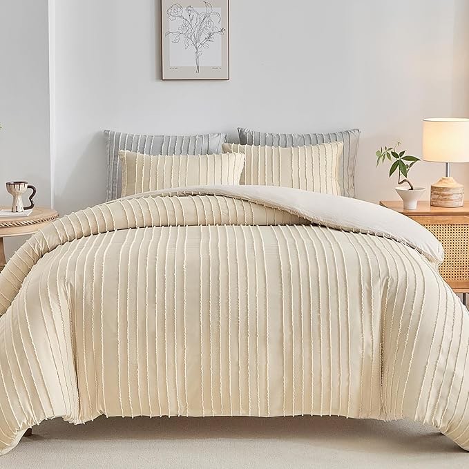 WARMDERN Boho Duvet Cover Set Queen Size,Khaki Striped Duvet Cover Microfiber Bedding Set,3PCS Ultra