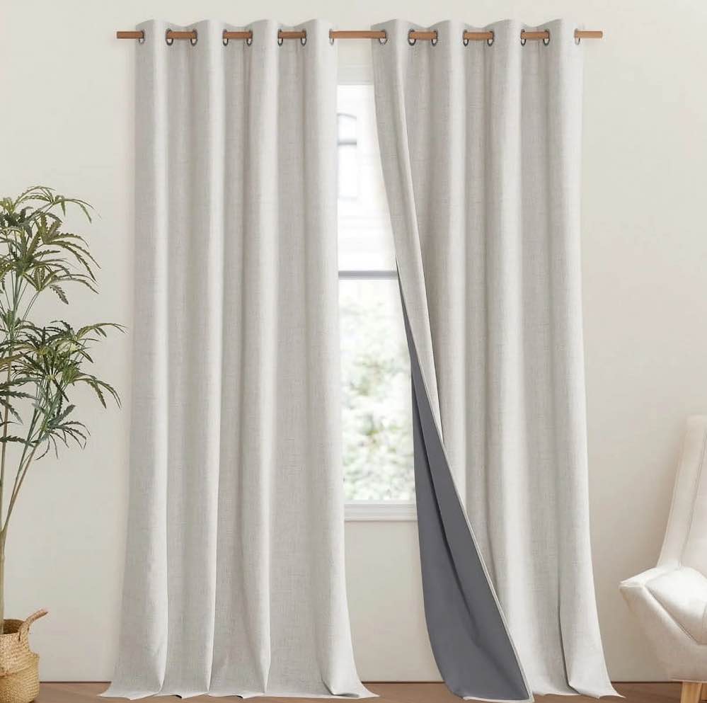 NICETOWN 100% Blackout Linen Curtains, Full Room Darkening Solid Modern Grommet Drapes for Bedroom & Living Room, 52"x108", Angora, 2 Panels