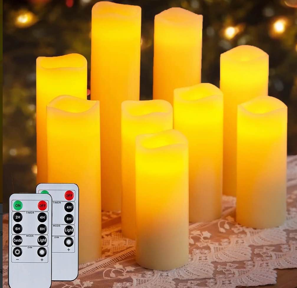 HIDAWN Flameless Pillar Candles with Remote,9 Pack Outdoor Large LED Fake Candles Battery Operated Electric Votive Flicker Lights,Ivory