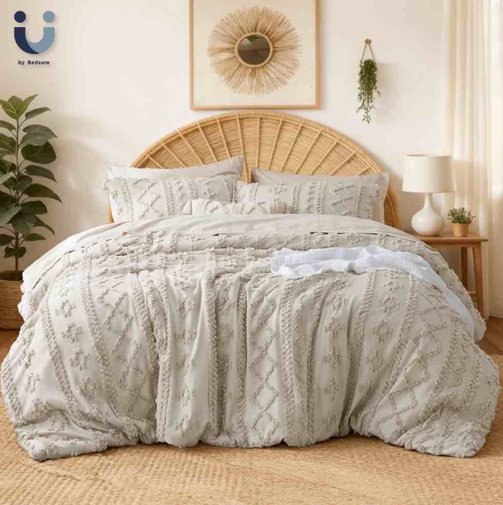 U by Bedsure Tufted Boho Comforter Set, 3 Pieces Farmhouse Shabby Chic Embroidery Bed Set, Soft Jacquard Comforter for All Seasons,Queen,Natural
