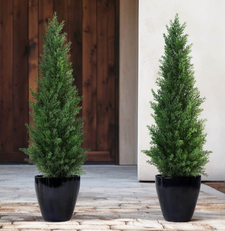 Artificial Cedar Tree 5 FT Artificial Cedar Topiary Trees for Outdoors Potted Fake Cypress Trees Faux Evergreen Plants for Home Porch Decor Set of 2