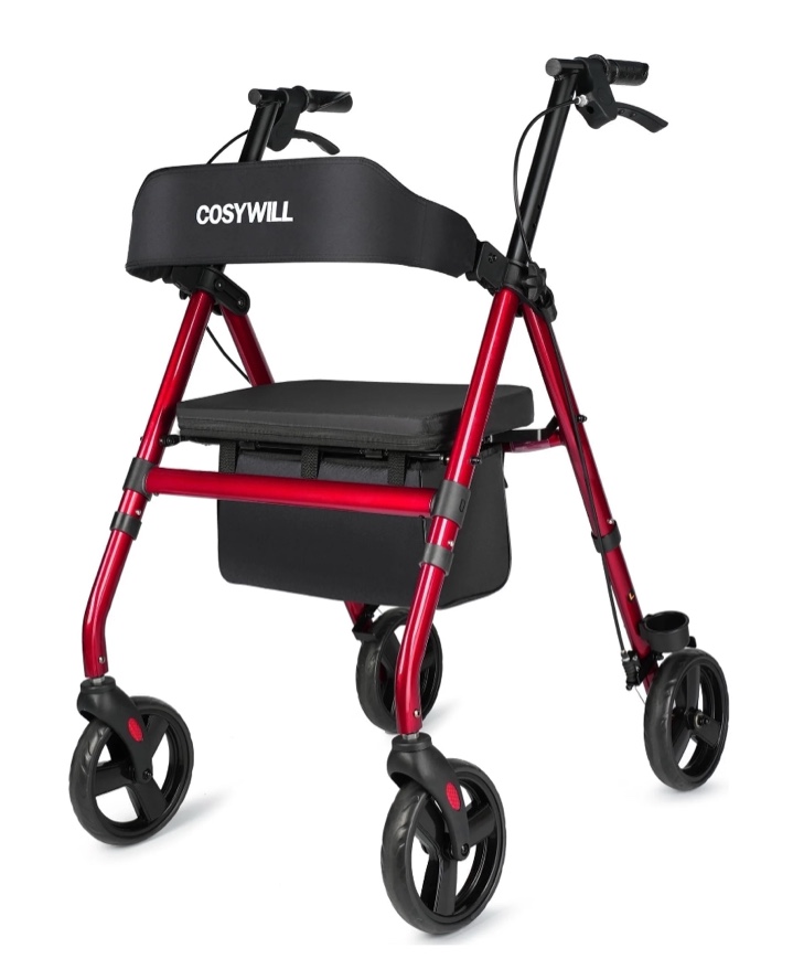 COSYWILL Rollator Walker with Seat,Foldable Mobility Walker with Durable Steel,Rolling Walker with 8" Wheels for All Terrain,Adjustable Height,300 lbs,Red