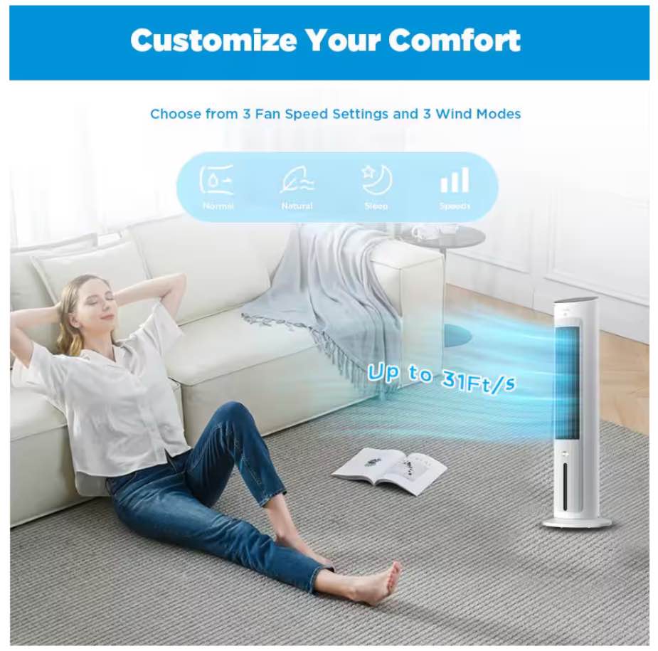 1 Gal. 200 CFM 3-Speed Tower Portable Evaporative Cooler Up to 215 sq. ft.