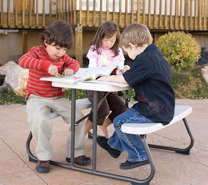 33 in. Almond Rectangle Steel Frame Resin Top Folding Children's Picnic Table Seats 4