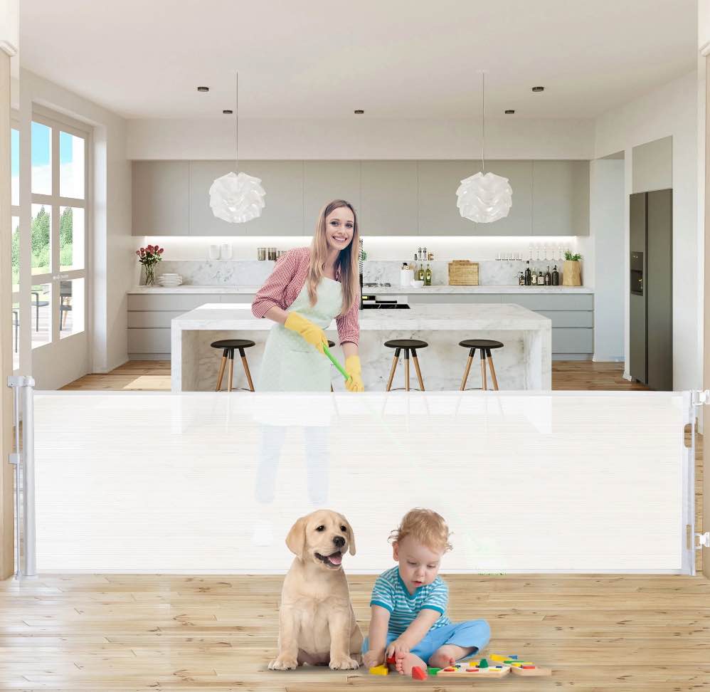 140 Inch Retractable Baby Gates, Extra Wide Baby Gates for Large Openings, Mesh Dog Gate Retractable, Safety Gates for Kids or Pets, Extra Long Baby Gates for Stairs Doorway Indoor Outdoor-White