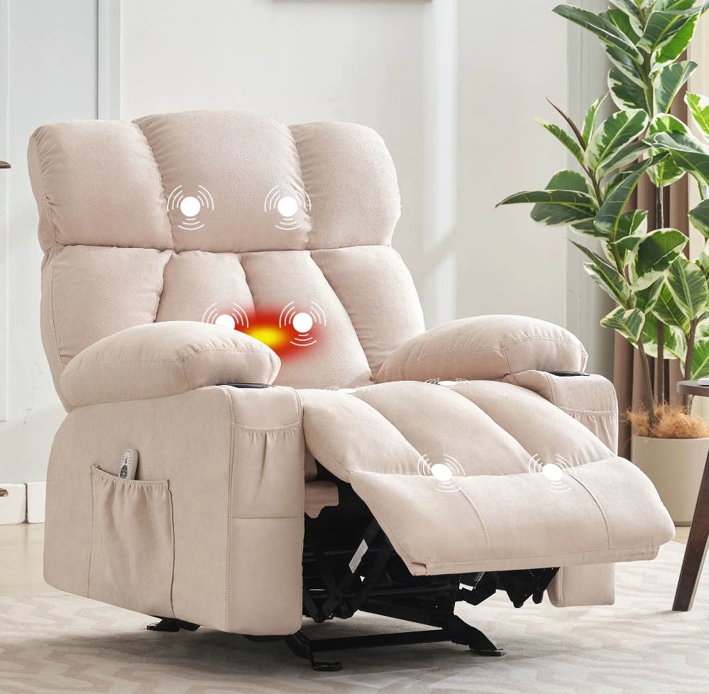 JONPONY Manual Recliner Chair with Heat Therapy and Massage Function, Heavy Duty Reclining Mechanism Massage Chair, Elderly Single Rocker Sofa with Cup Holders for Bedroom Home Theater,Beige