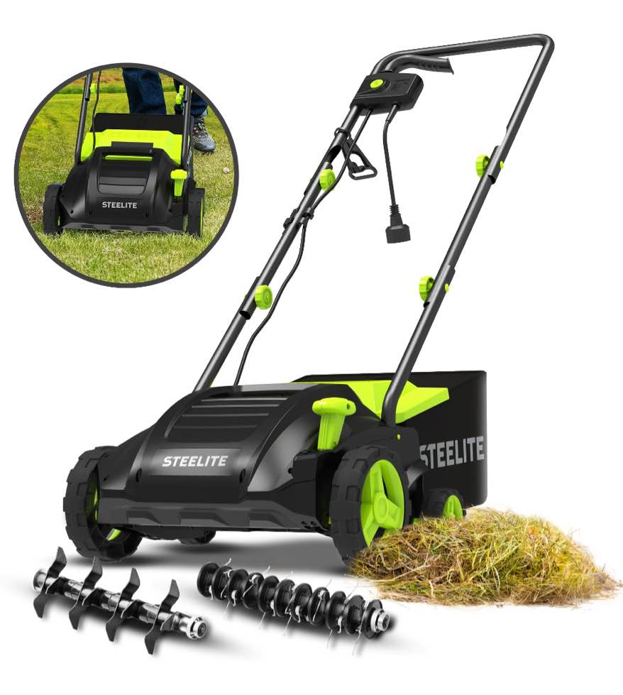 Steelite 2-in-1 Electric Dethatcher and Scarifier,13-Inch 12-Amp Corded Electric Dethatcher with Removable 8-Gallon Collection Bag,for Grass Garden Yard