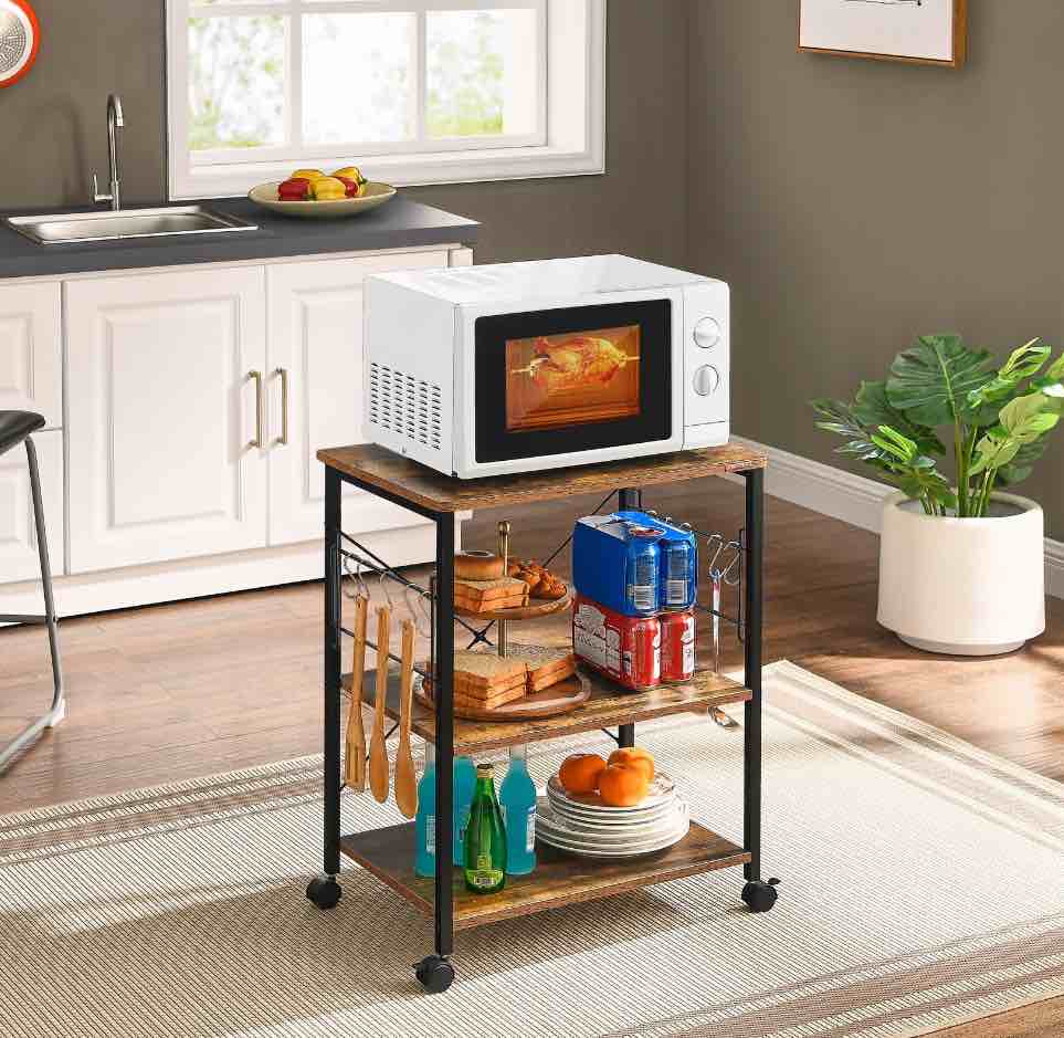 JOZ 3-Tier Kitchen Utility Serving Cart, Multifunction Microwave Oven Stand, Baker's Rack with Storage Shelf and 10 Hooks, Rustic Brown
