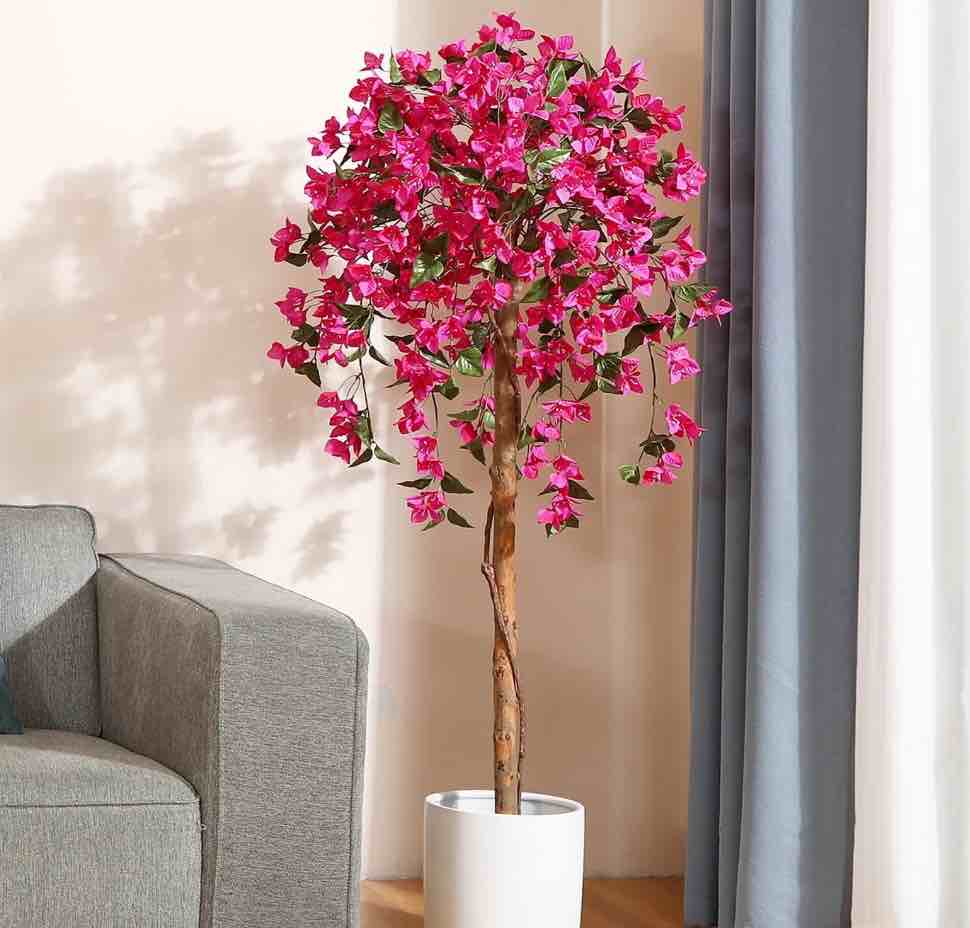 DR.Planzen 5 feet Artificial Bougainvillea Flowers Tree In Black Plastic Pot, Indoor Plants with Wood Trunk and Pink Flowers for Housewarming Decor