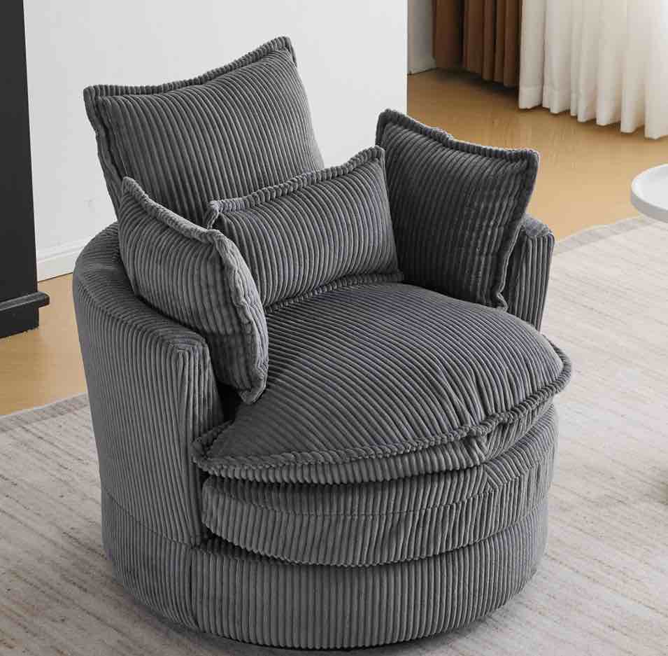 Ktaxon Swivel Corduroy Round Chair, 360-Degree Rotation Accent Chair, Double Layer Cushion Sofa with Lumbar Pillow, Ideal for Home Office gray