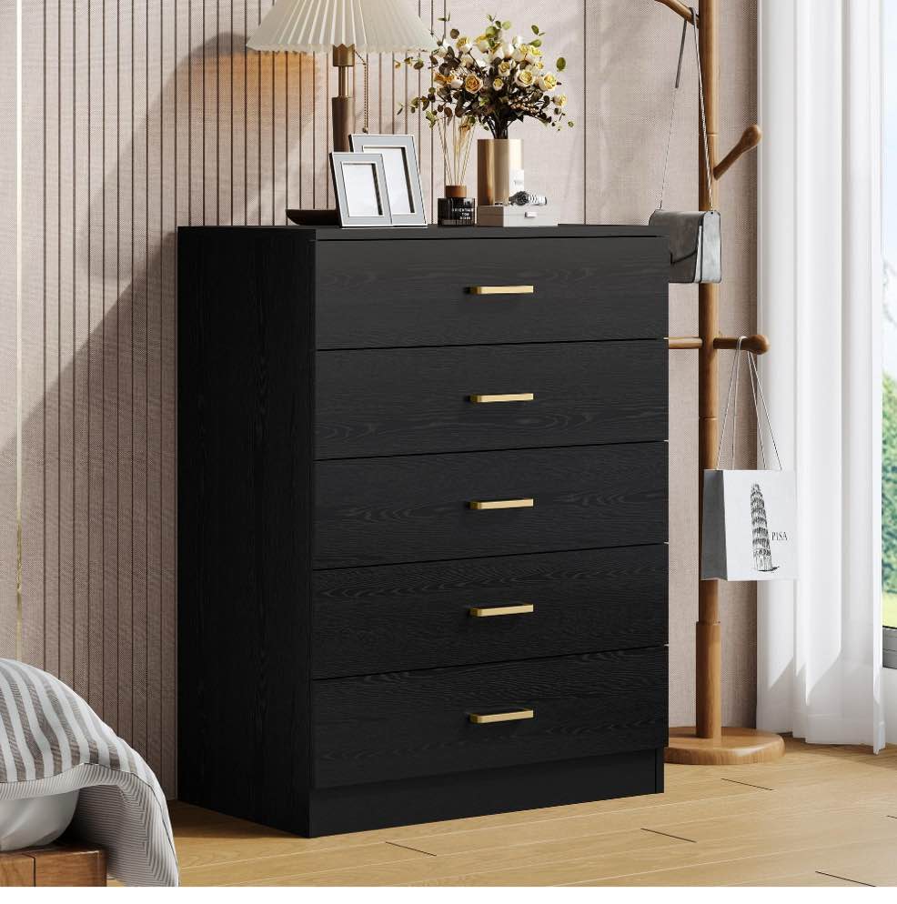 UHOMEPRO Black 5 Drawer Dresser, Chest of Drawers for Bedroom, Modern Storage Cabinet Dresser Organizer Unit with Handle for Living Room, Closet, Hallway