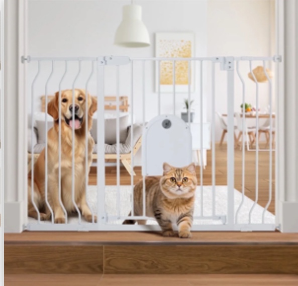 29.5-48.4" Wide Pet Gate with Cat Door, Pressure Mount, Safety Gate Gift,White