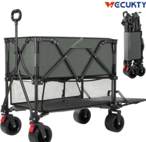 Folding Double Decker Camping Wagon, VECUKTY Heavy Duty Collapsible Outdoor Wagon Cart with 54" Lower Decker, All-Terrain Big Wheels Support Up to 500lbs, Gray