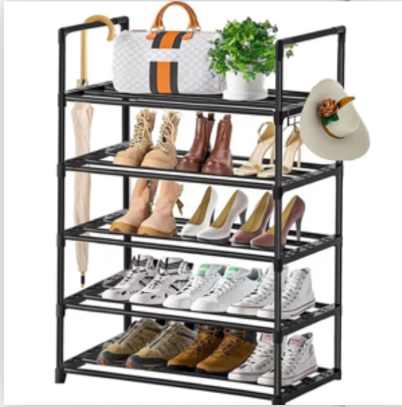 5 Tiers Shoe Rack with Hook, Stackable Shoe Organizer Storage for Shoe and Boot, Shoe Shelf for Closet, Entryway, Dorm, Garage