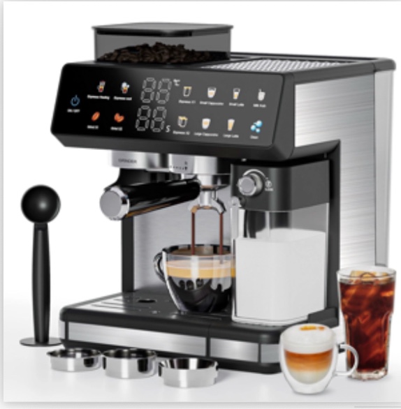 Bluebow All-in-One Espresso Machine with Grinder, 20-Bar Automatic Coffee Maker, Built-in Milk Frother for Latte & Cappuccino, Single/Double Shot Brew, Touchscreen - Stainless Steel
