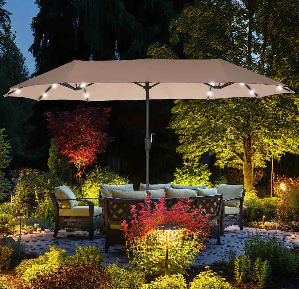 Autlaycil 13 Ft Solar LED Patio Umbrella  36 Solar Powered LED Lights & Crank System for Garden  Deck  Poolside  Patio  Khaki