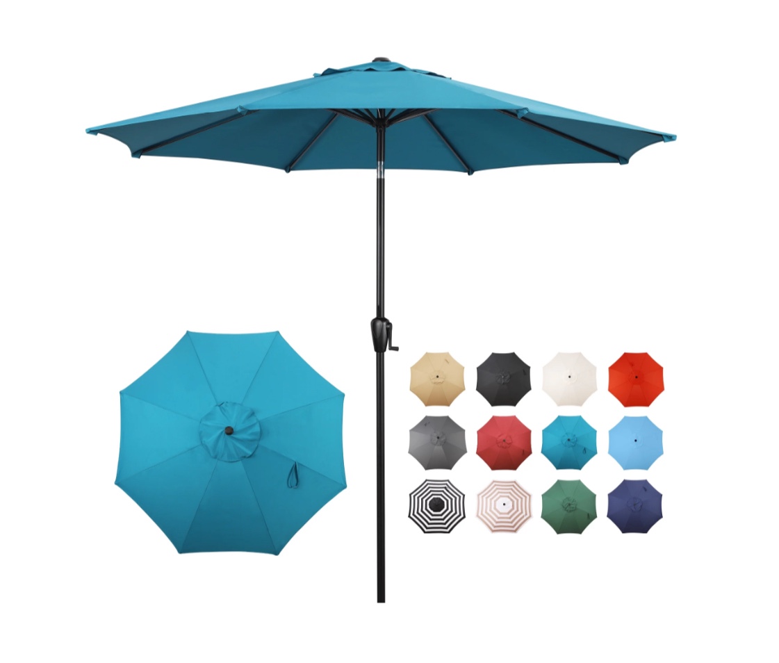 Sun-Ray 9 FT Patio Umbrella w/ Push Button Tilt and Crank Outdoor Umbrella, 8 Sturdy Ribs, UV Protection, Solution-Dyed Fabric, Teal