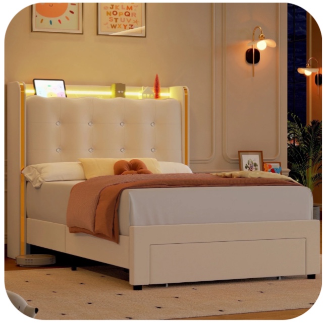 Homfa Twin Size LED Bed Frame with Drawer, Velvet Crystal Button Upholstered Platform Bed Frame with Outlets and USB Ports & Display Platform, No Box Spring Needed, Beige