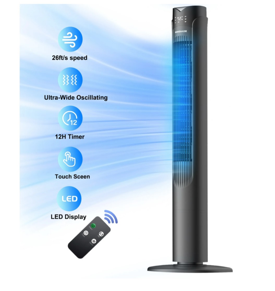 41" Tower Fan,90° Oscillating Fans with 3 Speeds,3 Modes,26 ft/s High Velocity,LED Display with Remote,12H Timer,For Home,Living Room,Office