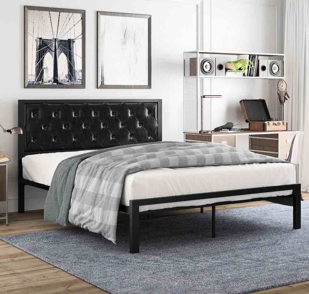 Amolife Queen Size Metal Bed Frame with Faux Leather Upholstered Headboard, Black