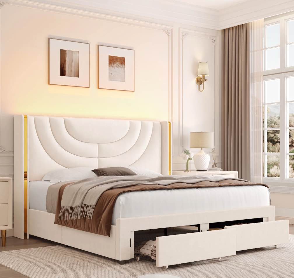 Homfa Full Size LED Bed Frame with 2 Drawer Storage, Wingback Platform Bed with Velvet Upholstered Headboard, Off-White