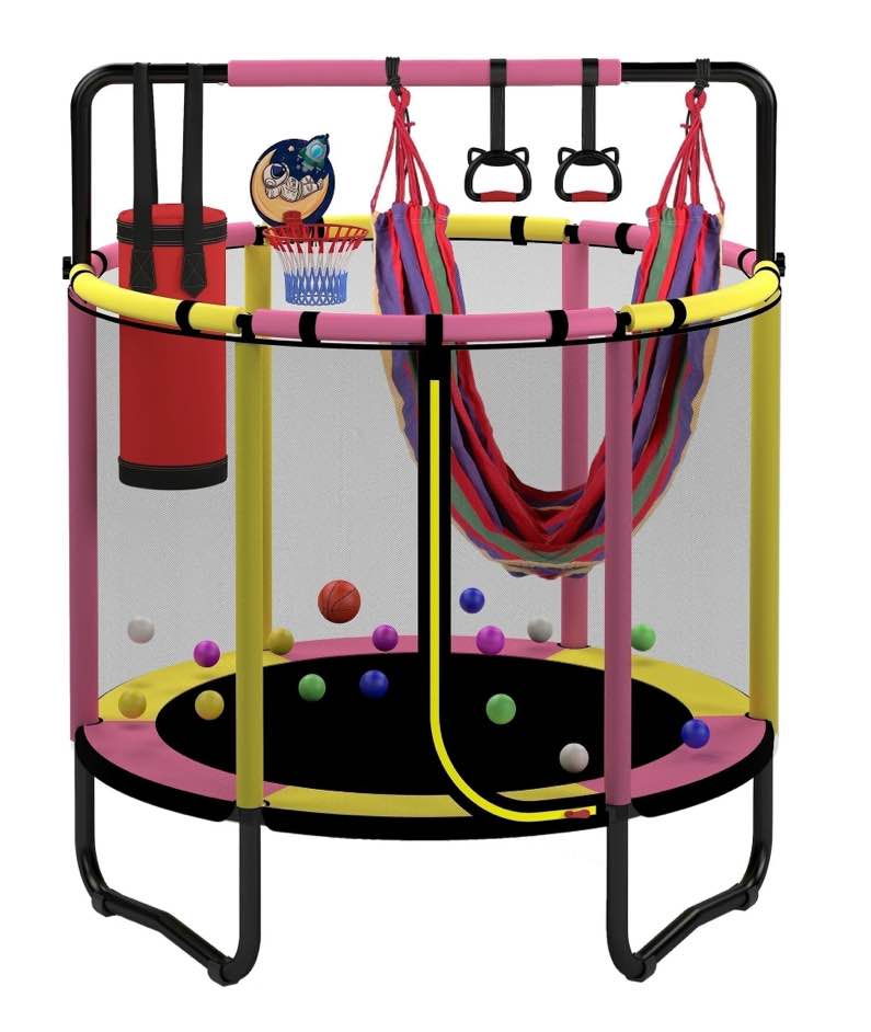 Mini Round Trampoline for Kids with Basketball Hoop, SEGMART 55'' Indoor Outdoor Toddler Trampoline with Enclosure Net, Swing, Sandbag, Ring, Ocean Balls, Small Trampoline Gift for Boys Girls, Pink